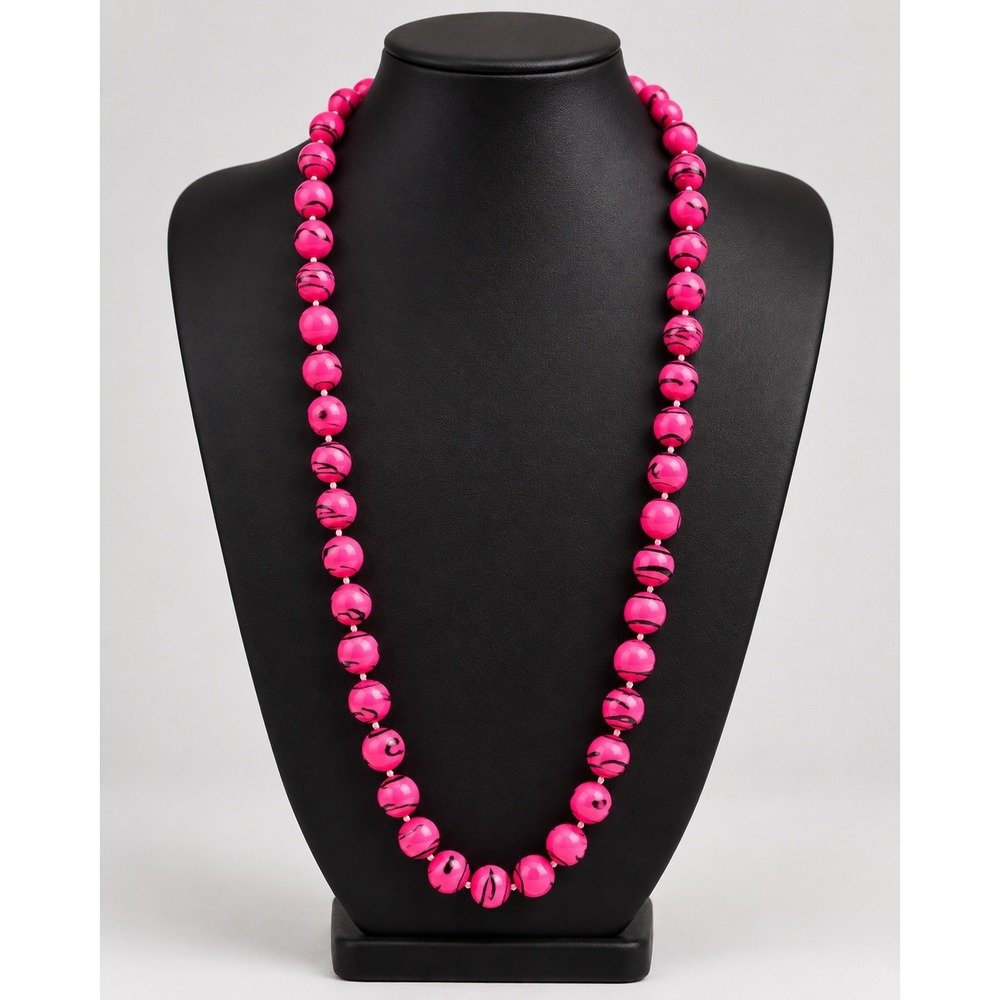Vintage Neon Pink Black Swirl Bead Necklace 80s Retro Statement Jewelry 22 Inch